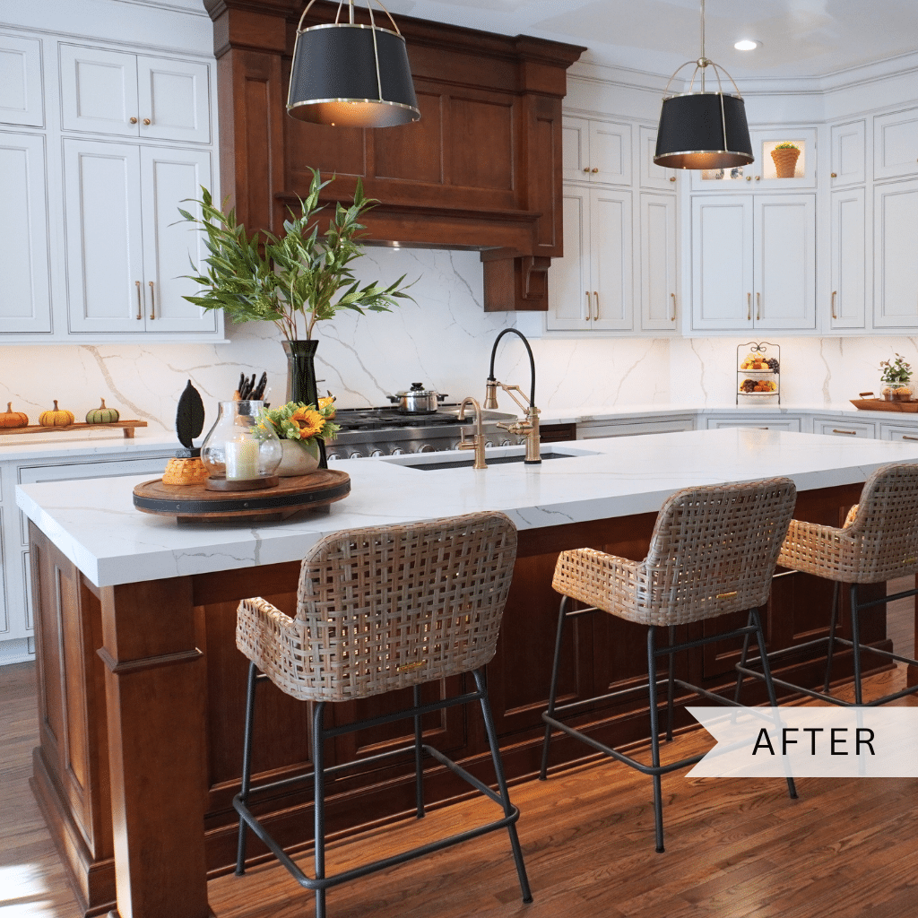 After kitchen remodel - beautiful and timeless updates, cabinets, lighting, appliances, open design, and better functionality.