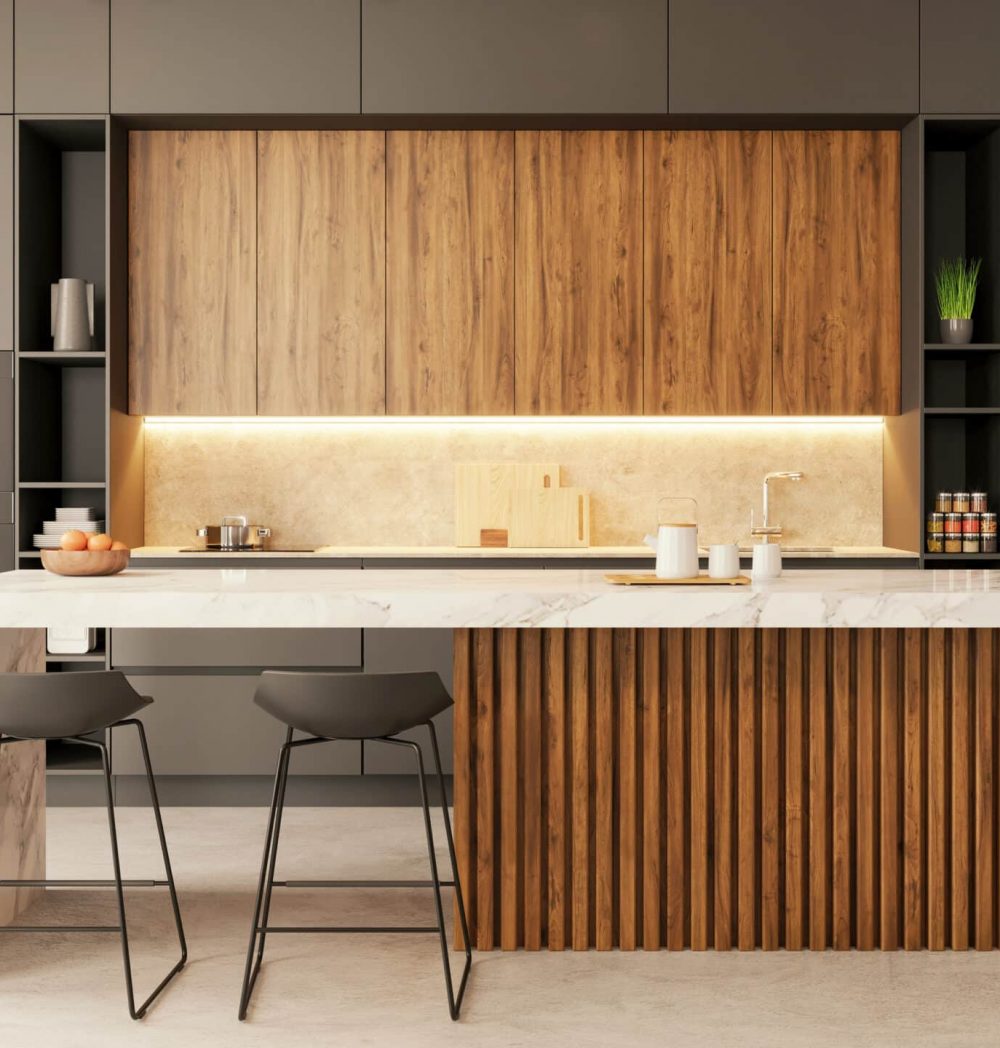 Modern apartment kitchen interior. Large marble kitchen countertop, bar stools, concrete floor and glass door in the background. Copy space template. Render.